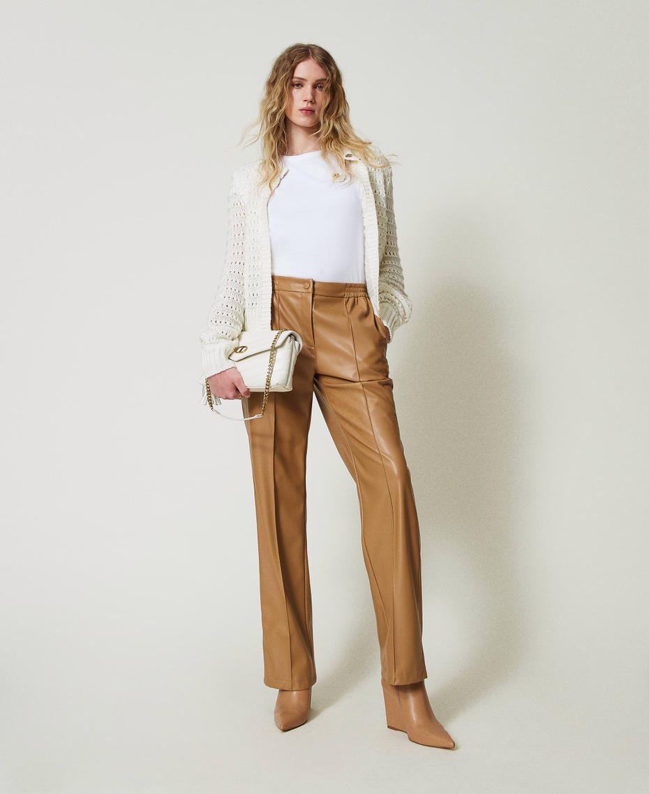 Leather-like trousers with elasticated waist Sandy Brown Woman 242TP2201_11754_T0