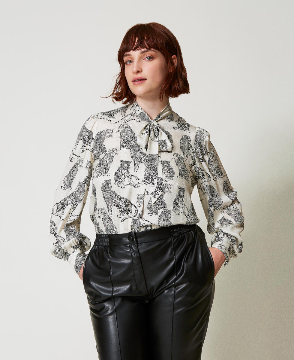 Jacquard shirt with jaguar print Black / Snow White Jaguar Print Woman 242TP2230_11746_01