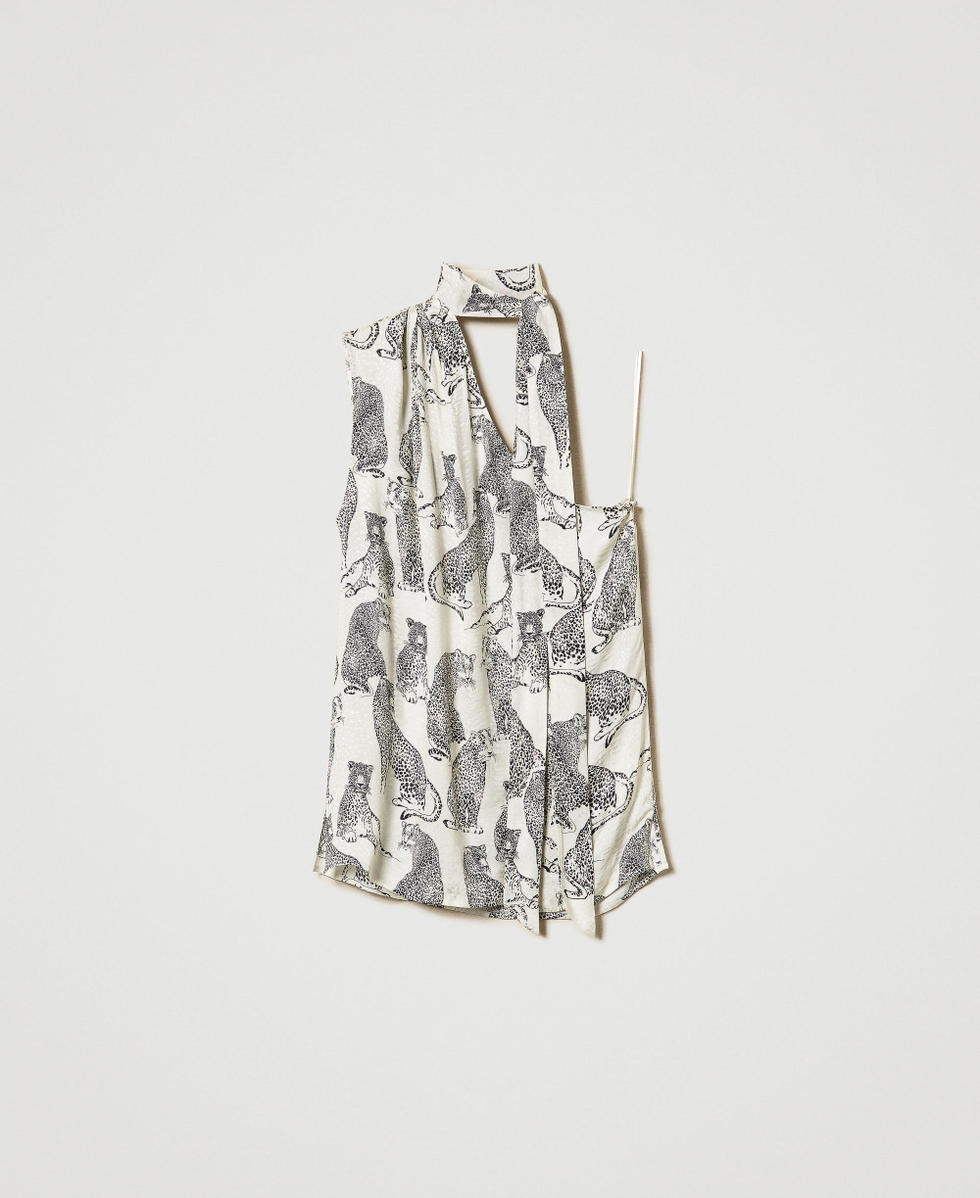 Jacquard one-shoulder top with jaguar print Black / Snow White Jaguar Print Woman 242TP2231_11746_S0