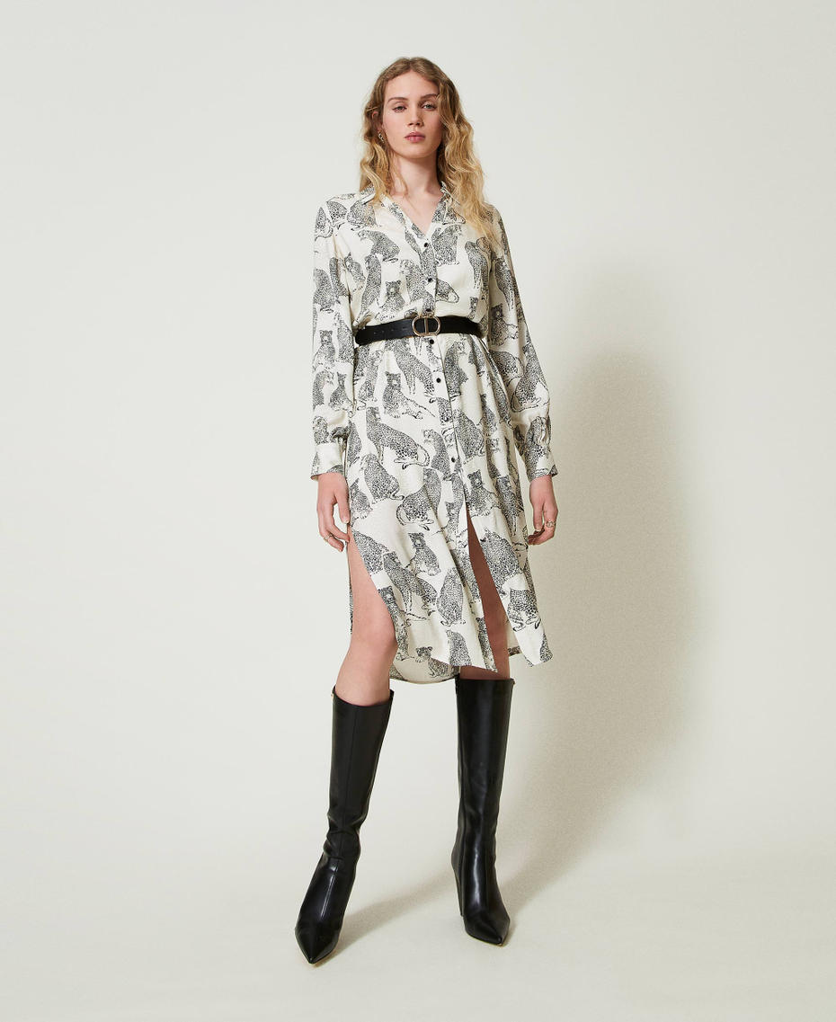 Jacquard midi dress with jaguar print Black / Snow White Jaguar Print Woman 242TP2232_11746_01