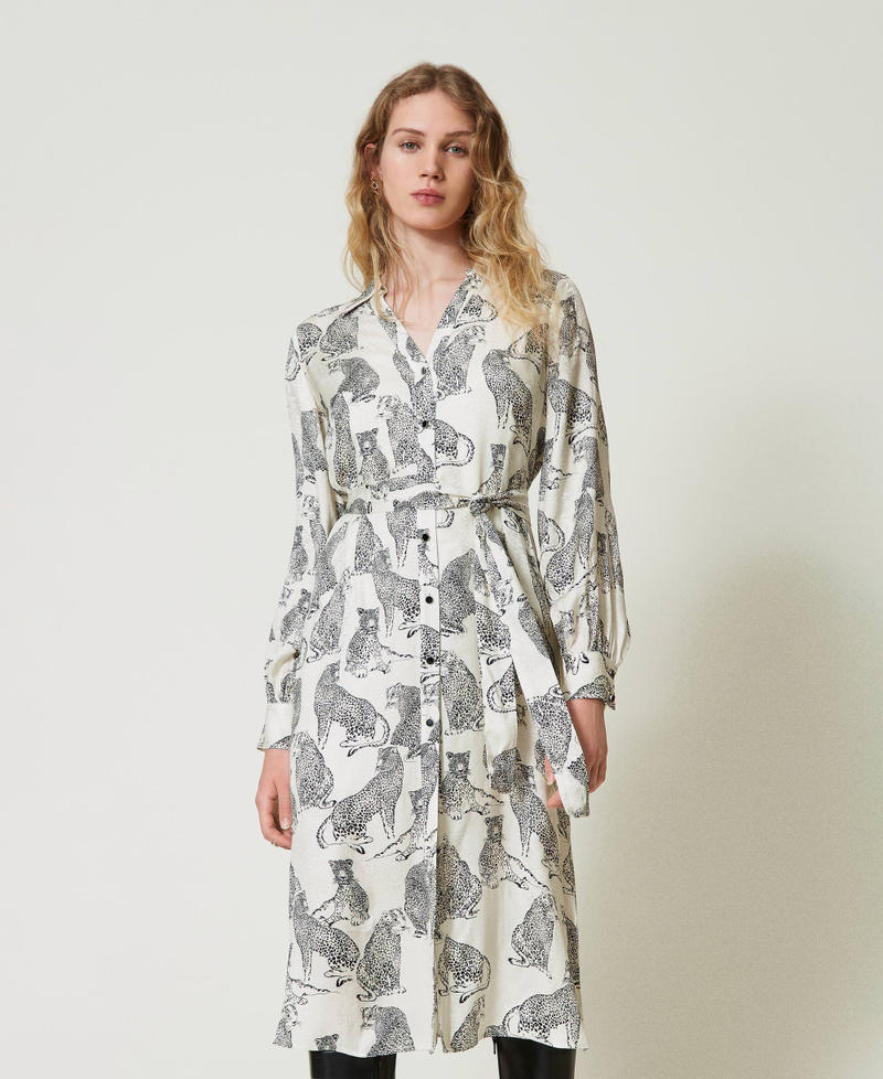 Jacquard midi dress with jaguar print Black / Snow White Jaguar Print Woman 242TP2232_11746_02