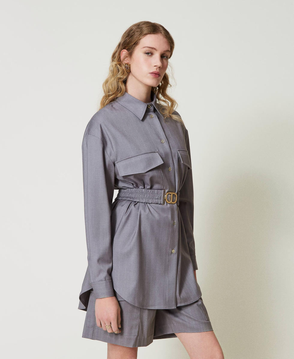 Maxi chemise ray&eacute;e avec ceinture Gris Chin&eacute; Rayure Neige Femme 242TP2282_11765_01
