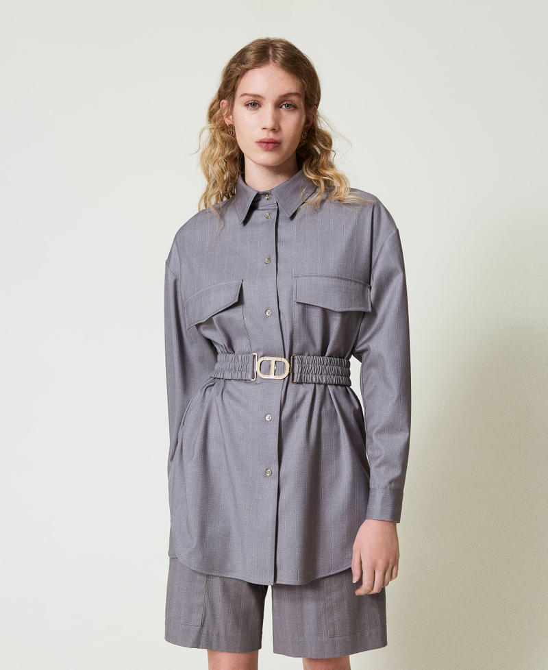 Maxi pinstripe shirt with belt Snow Pinstripe Melange Grey Woman 242TP2282_11765_02