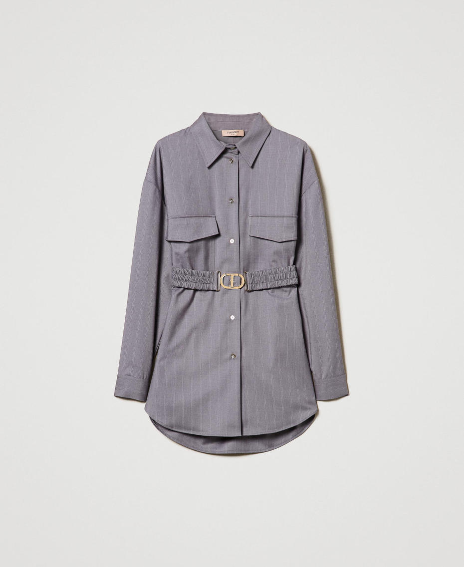Maxi pinstripe shirt with belt Snow Pinstripe Melange Grey Woman 242TP2282_11765_S0