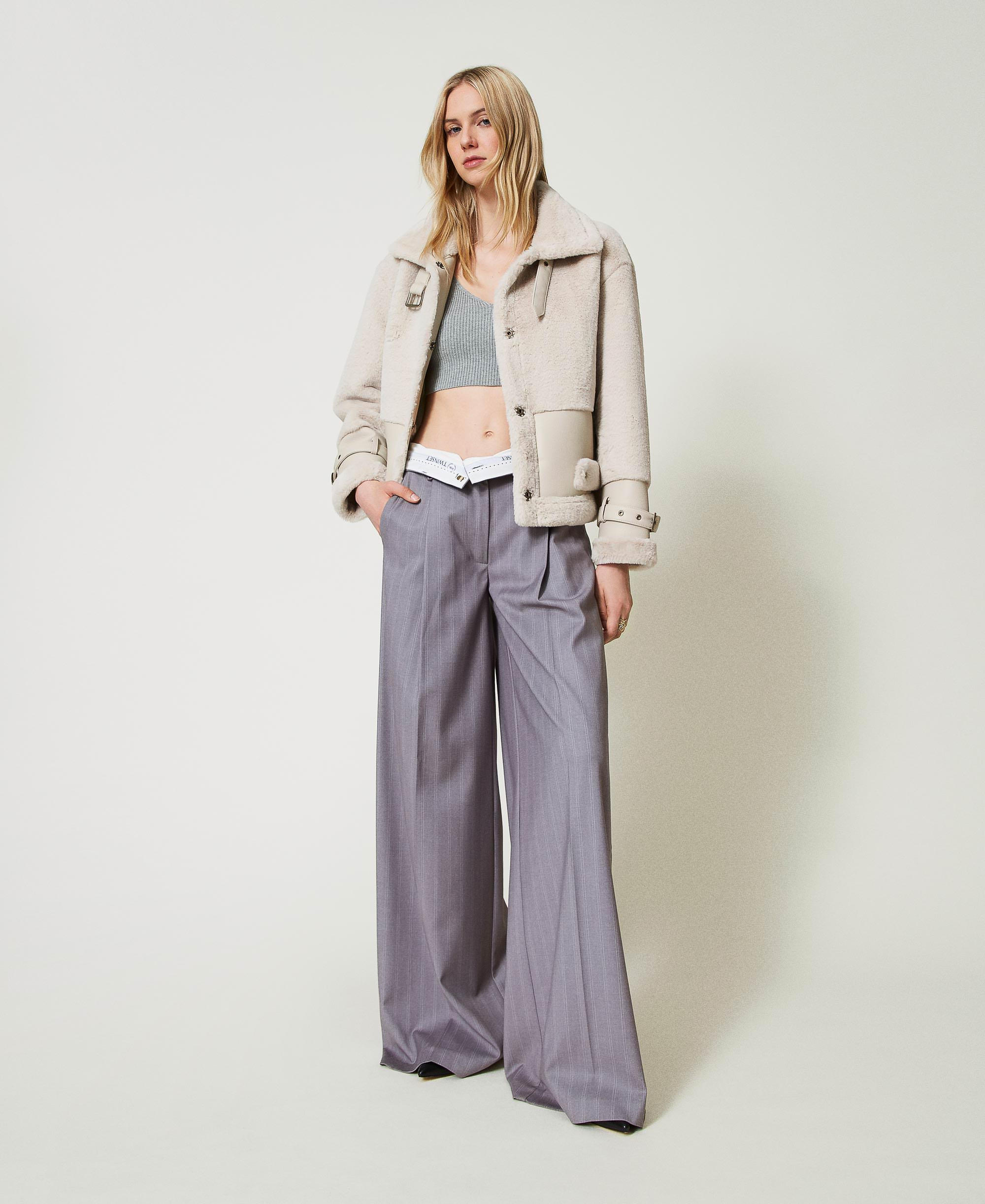 Pinstripe wide leg trousers with folded hem