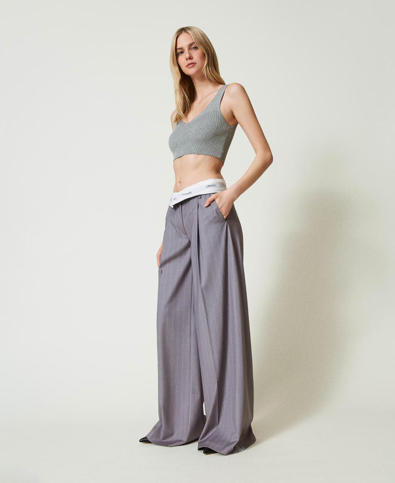 Pinstripe wide leg trousers with folded hem Snow Pinstripe Melange Grey Woman 242TP2284_11765_02