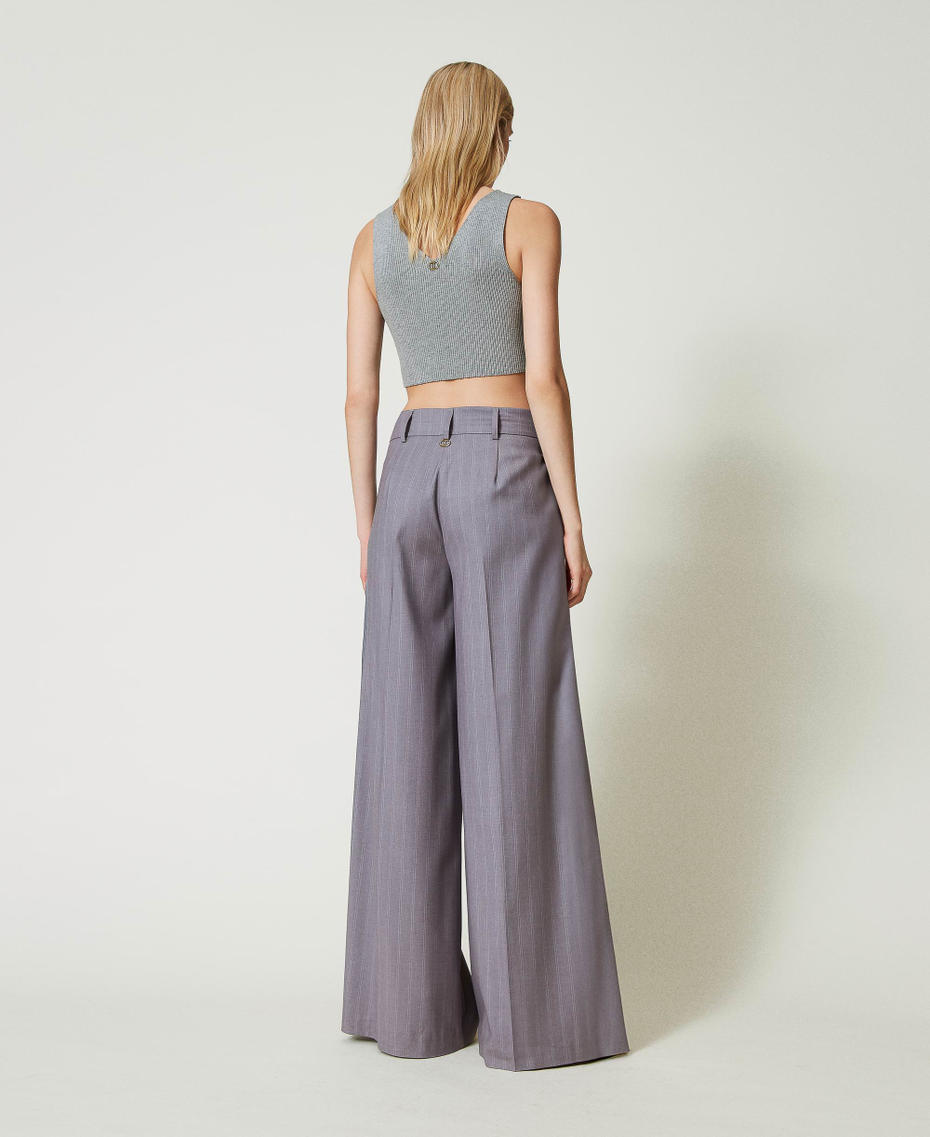 Pinstripe wide leg trousers with folded hem Snow Pinstripe Melange Grey Woman 242TP2284_11765_03