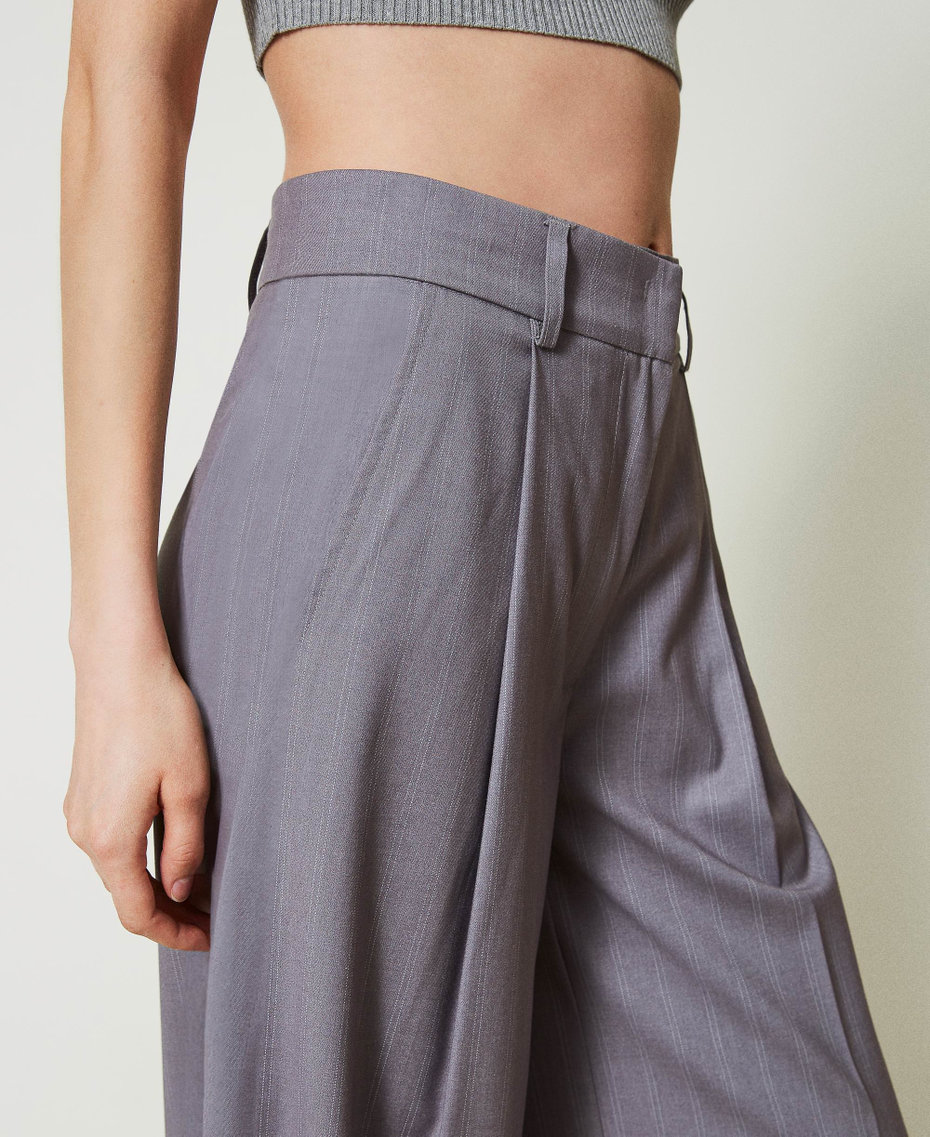 Pinstripe wide leg trousers with folded hem Snow Pinstripe Melange Grey Woman 242TP2284_11765_04