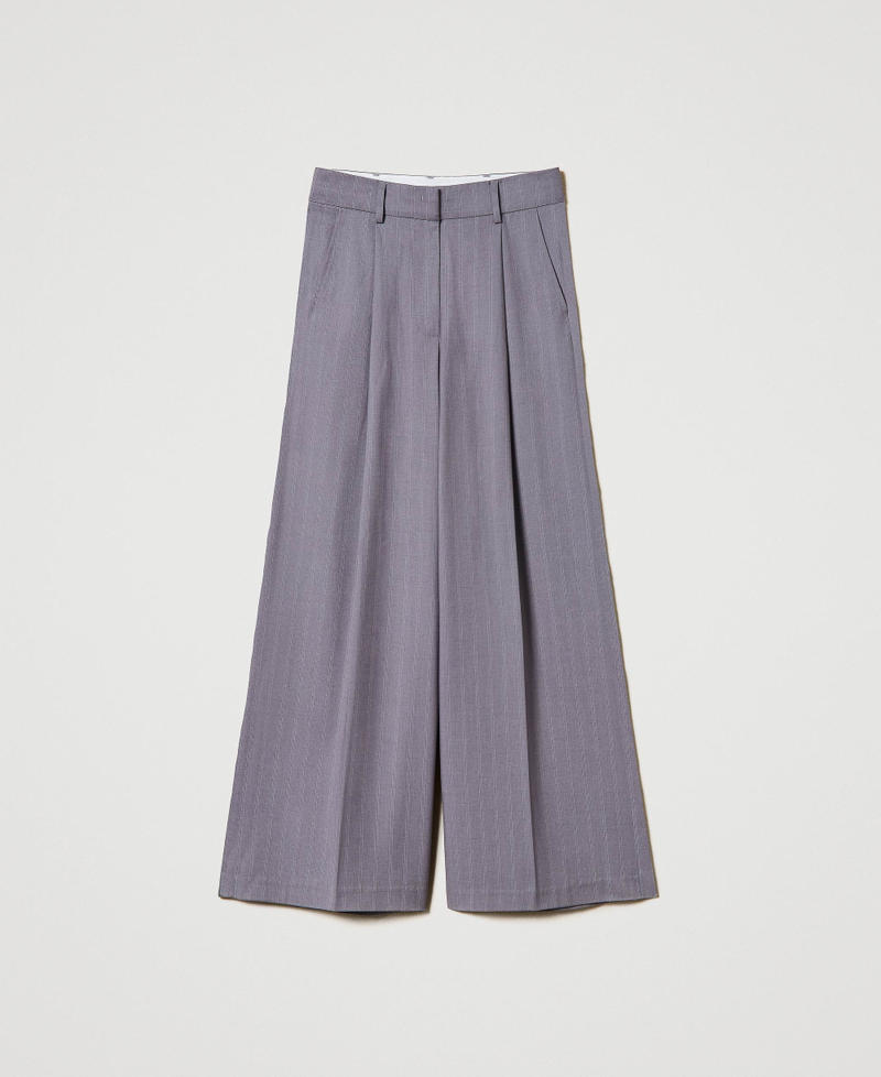 Pinstripe wide leg trousers with folded hem Snow Pinstripe Melange Grey Woman 242TP2284_11765_0S