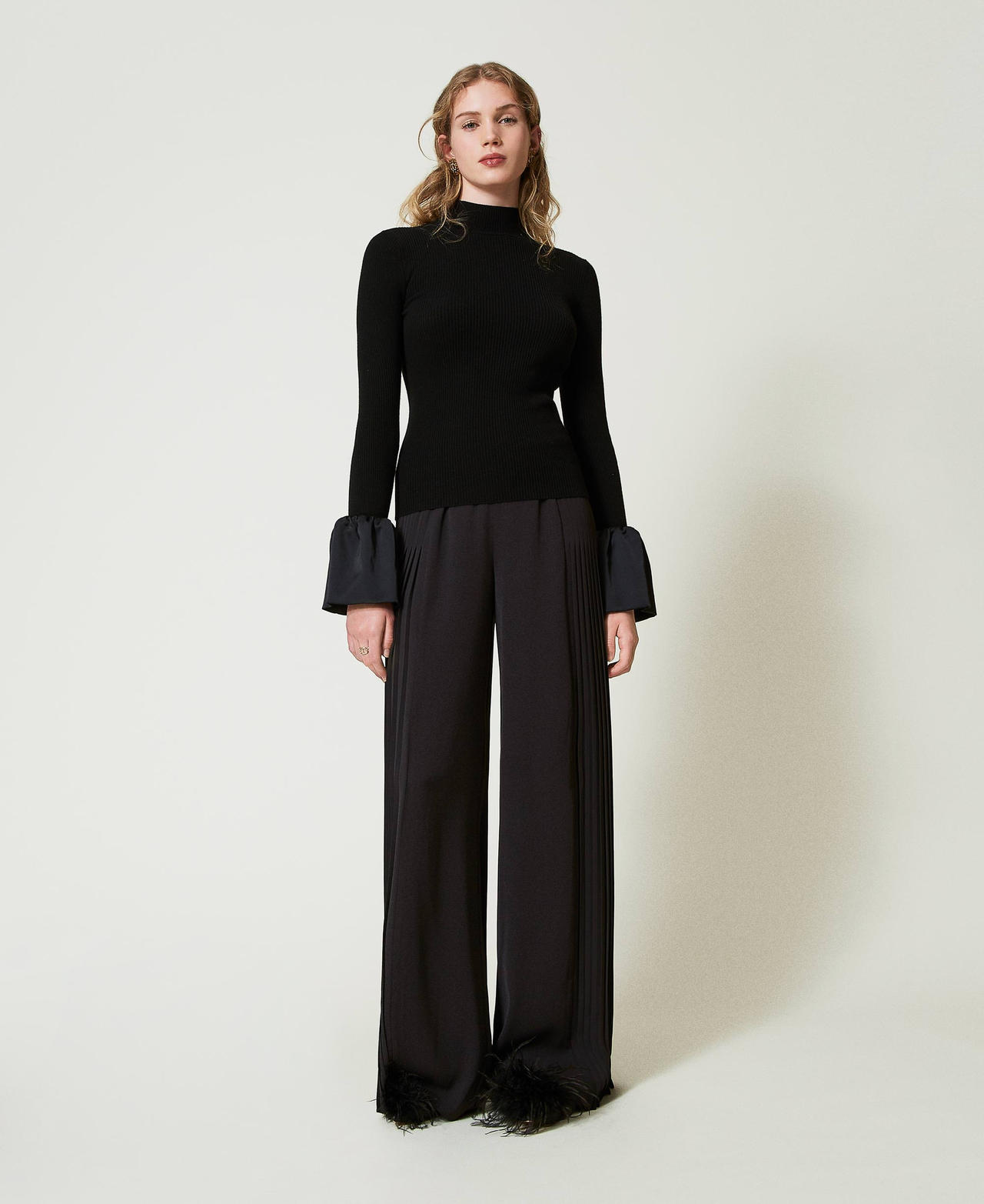 Pleated georgette palazzo trousers Black Woman 242TP2292_00006_02