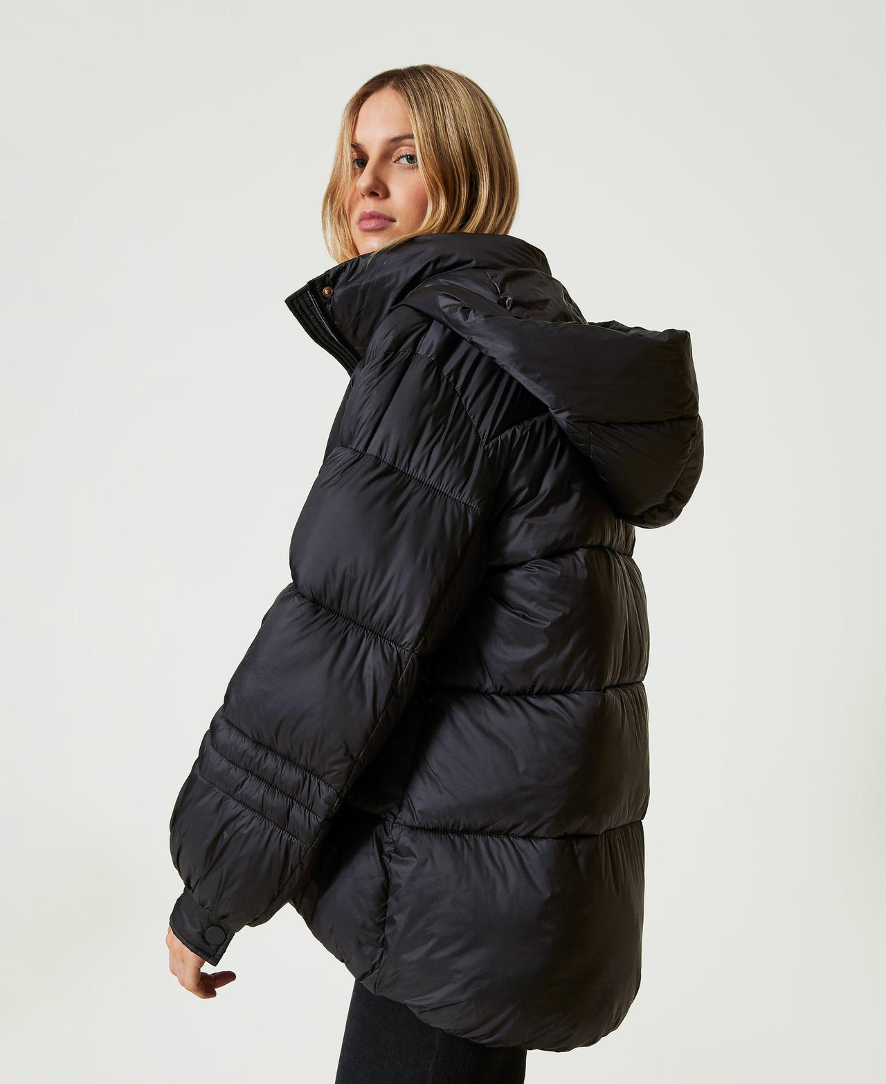 Striped jacquard nylon puffer jacket Woman Black TWINSET Milano