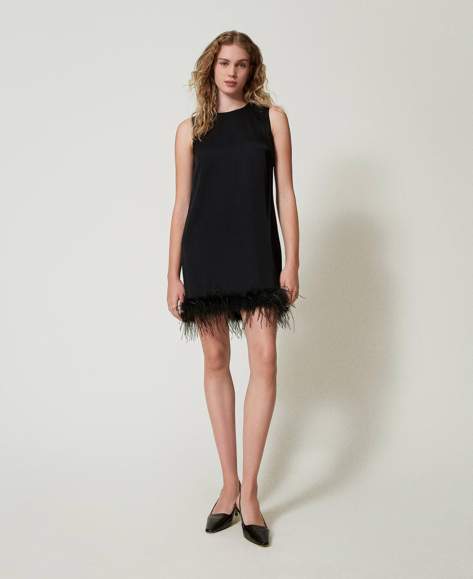 Short satin sleeveless dress with feathers Black Woman 242TP2340_00006_01