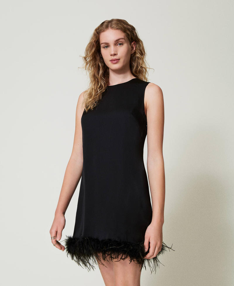 Short satin sleeveless dress with feathers Black Woman 242TP2340_00006_02