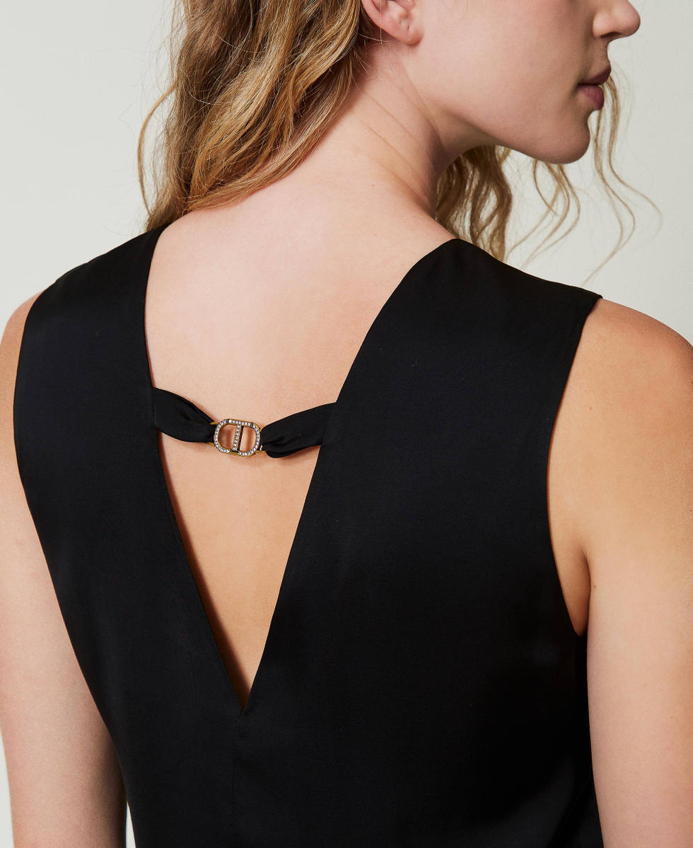 Abito corto smanicato in raso con piume Nero Donna 242TP2340_00006_04