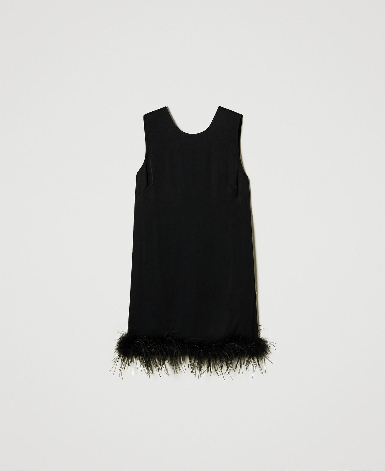 Short satin sleeveless dress with feathers Black Woman 242TP2340_00006_0S