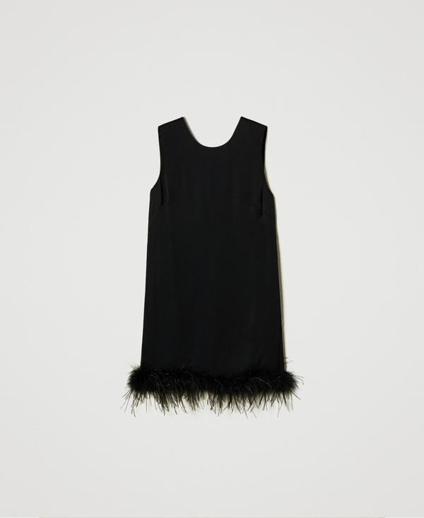 Short satin sleeveless dress with feathers