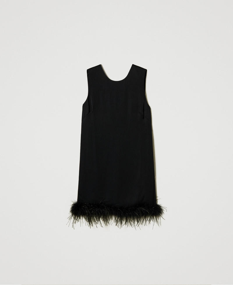 Short satin sleeveless dress with feathers Black Woman 242TP2340_00006_S0