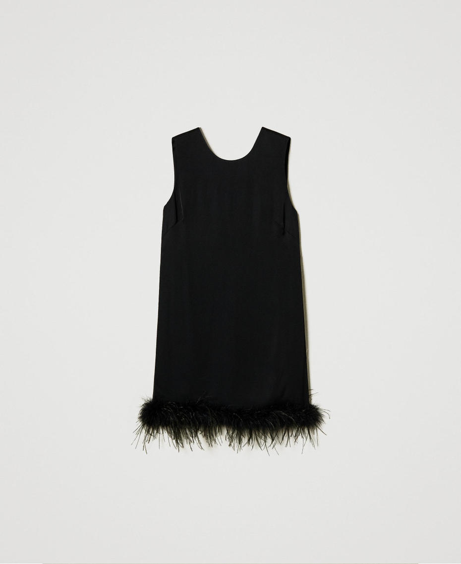 Short satin sleeveless dress with feathers Black Woman 242TP2340_00006_S0