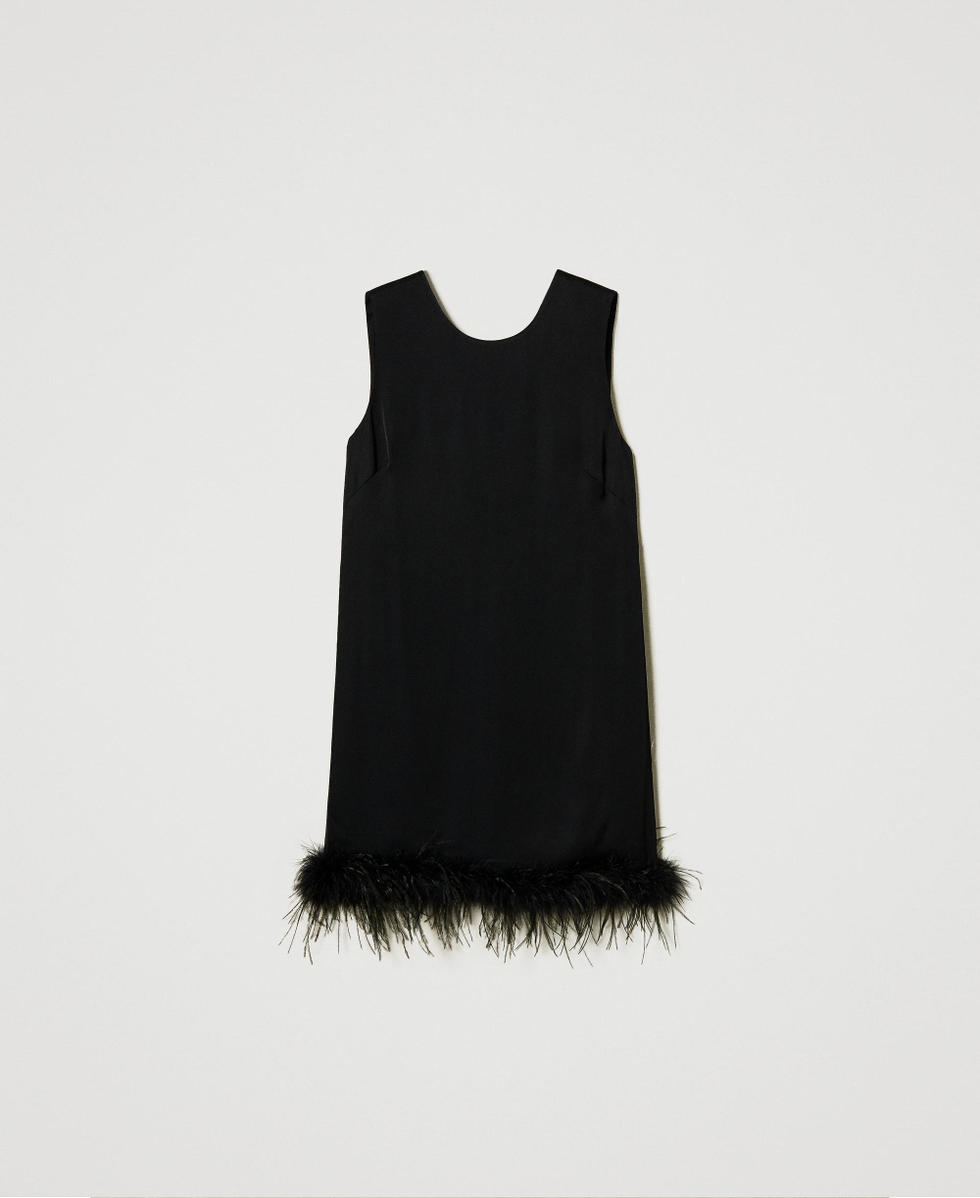 Short satin sleeveless dress with feathers Woman Black TWINSET Milano