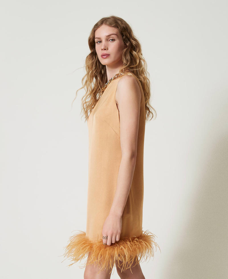 Short satin sleeveless dress with feathers Bubbly Orange Woman 242TP2340_11751_01