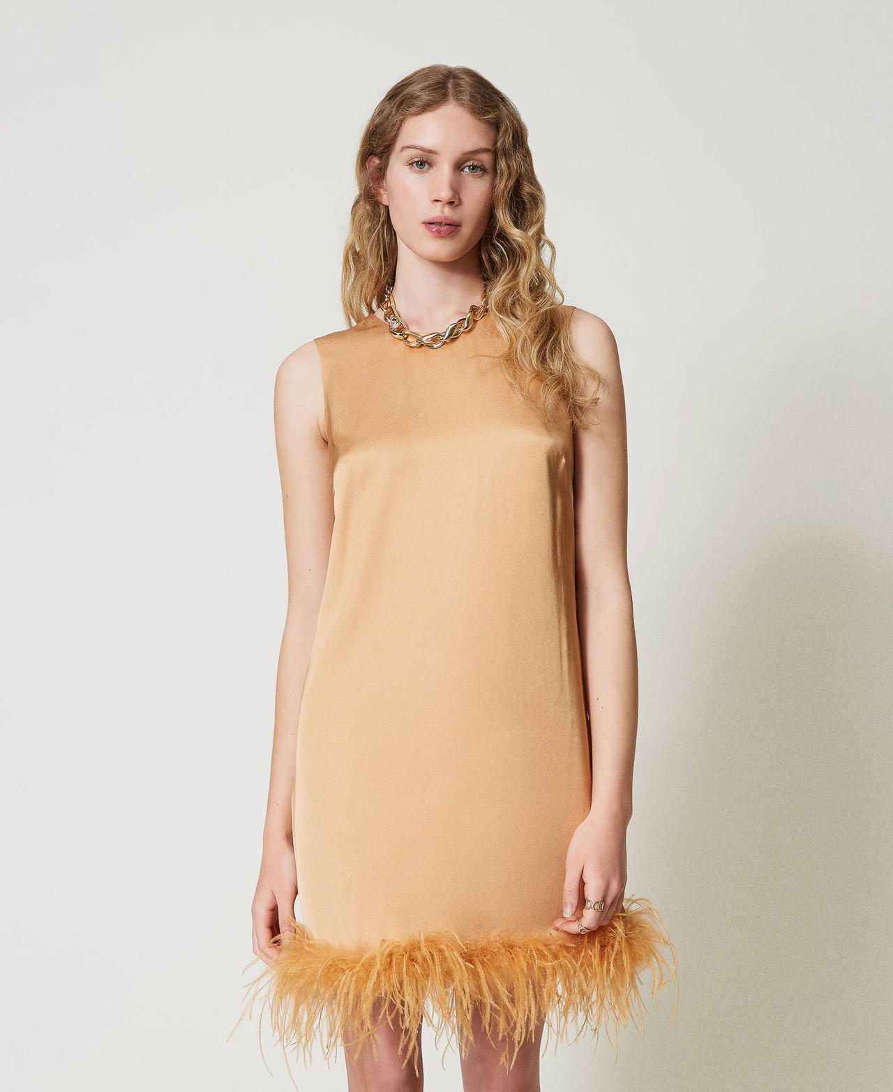 Short satin sleeveless dress with feathers Bubbly Orange Woman 242TP2340_11751_02