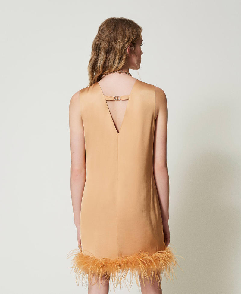 Short satin sleeveless dress with feathers Bubbly Orange Woman 242TP2340_11751_03