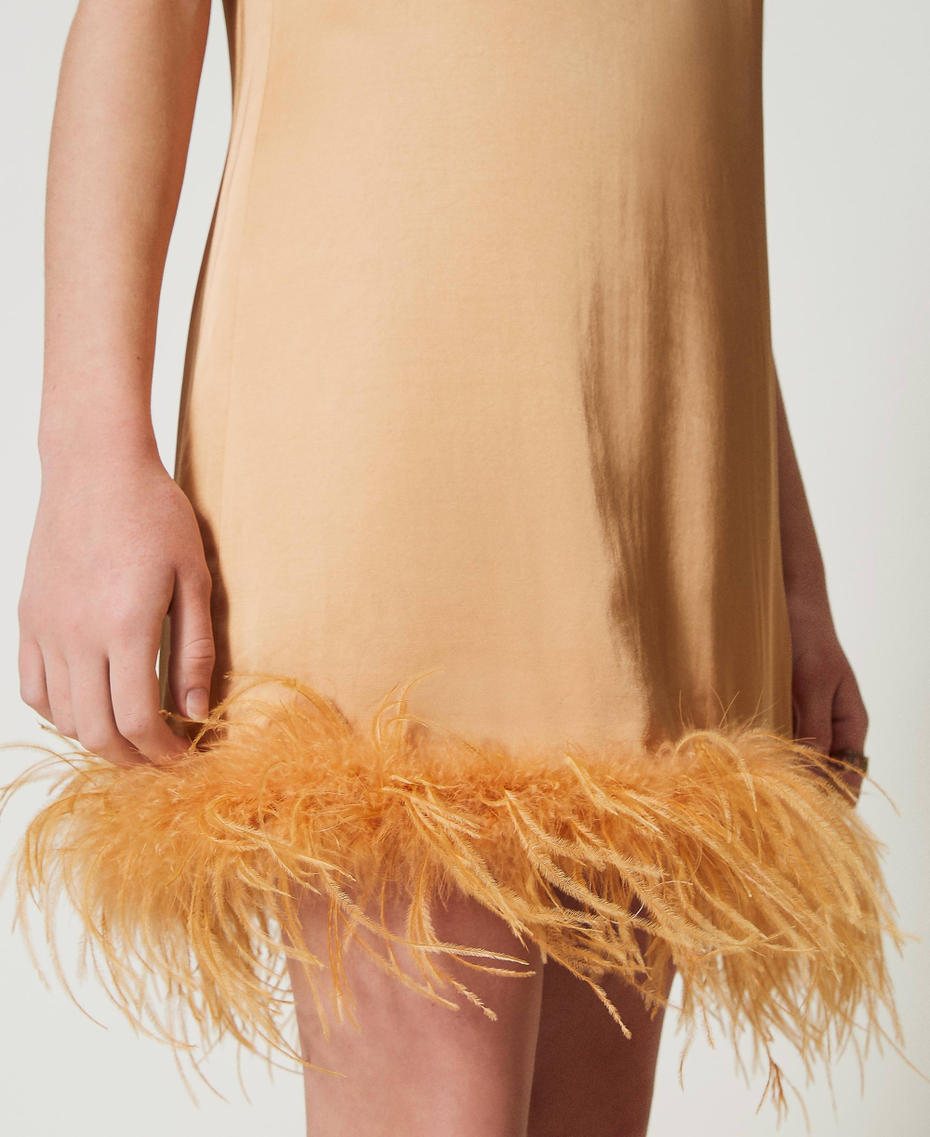 Short satin sleeveless dress with feathers Bubbly Orange Woman 242TP2340_11751_04