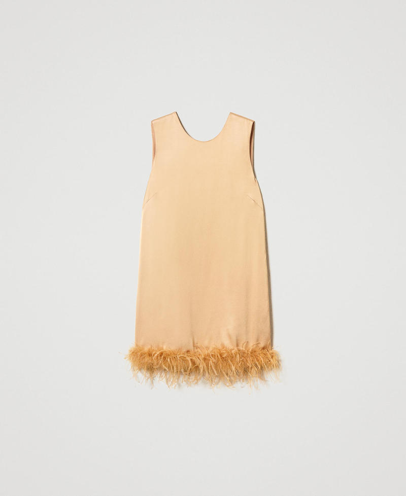 Short satin sleeveless dress with feathers Bubbly Orange Woman 242TP2340_11751_S0