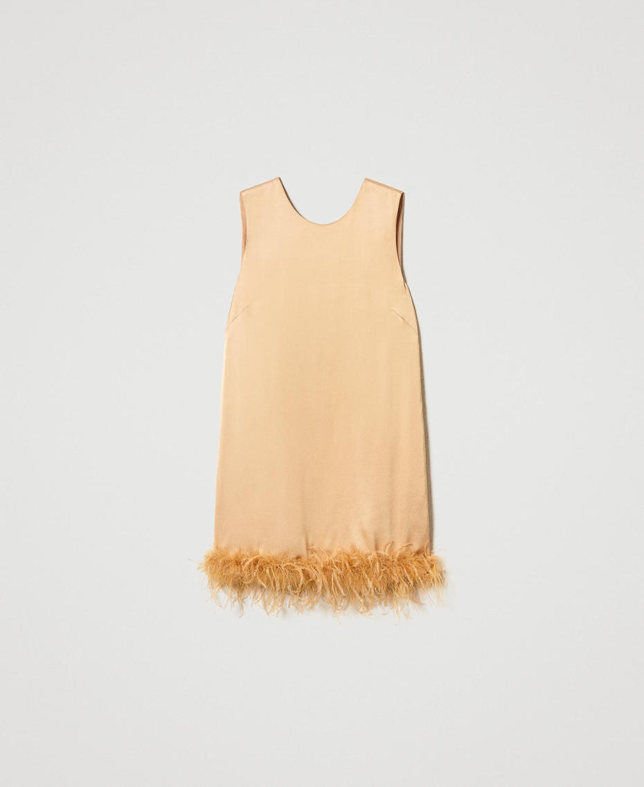 Short satin sleeveless dress with feathers Bubbly Orange Woman 242TP2340_11751_S0