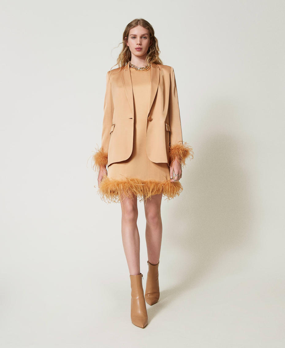 Short satin sleeveless dress with feathers Bubbly Orange Woman 242TP2340_11751_T0