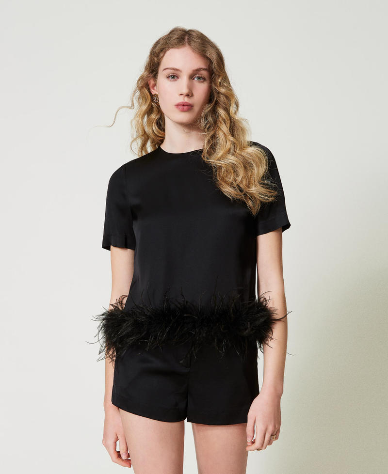 Satin blouse with feathers Black Woman 242TP2341_00006_01
