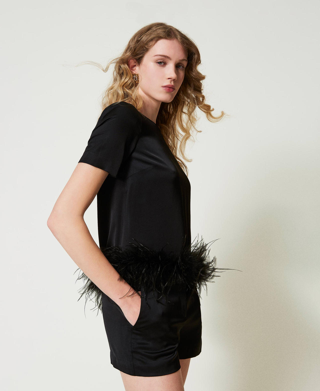Satin blouse with feathers Black Woman 242TP2341_00006_02
