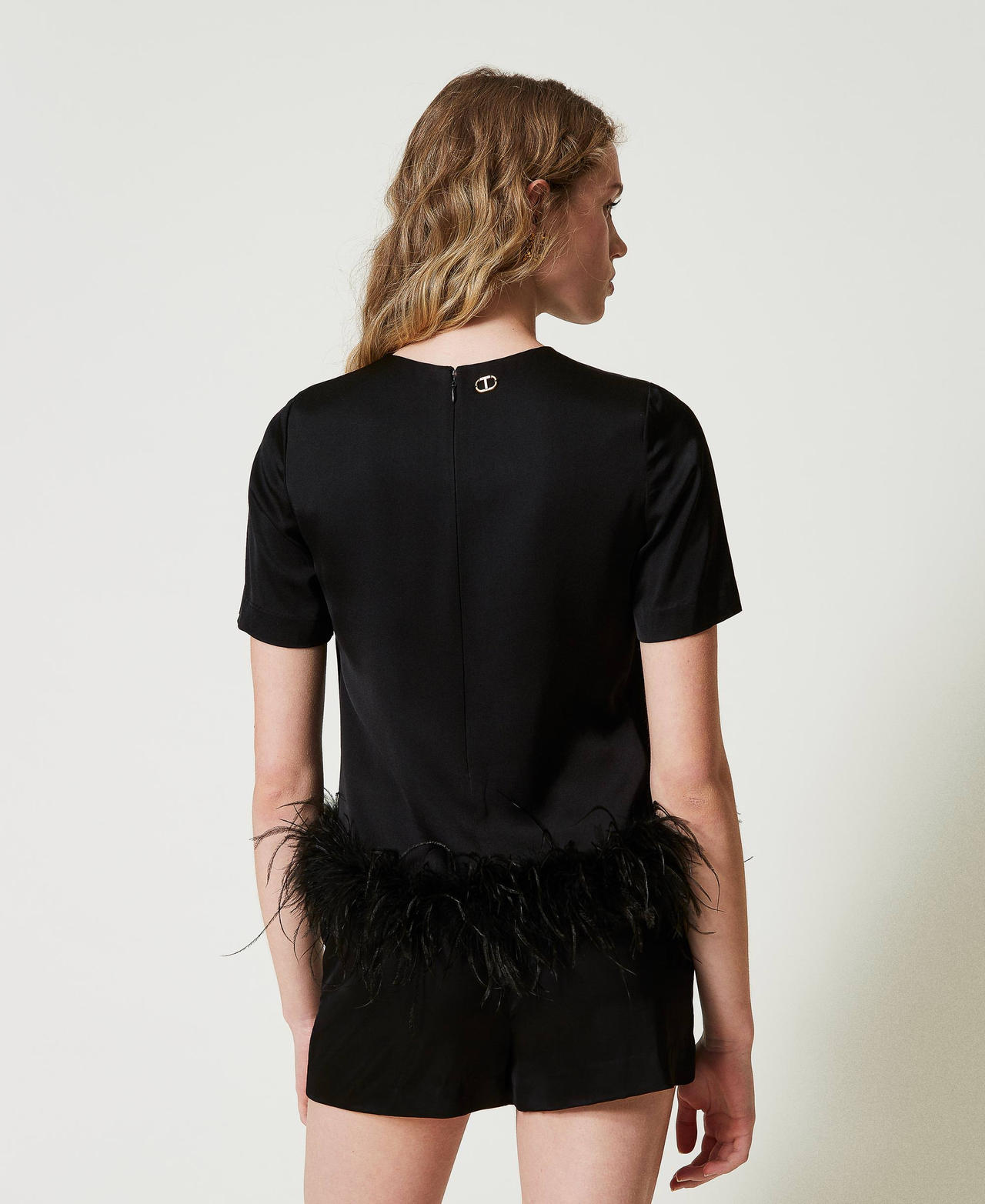 Satin blouse with feathers Black Woman 242TP2341_00006_03