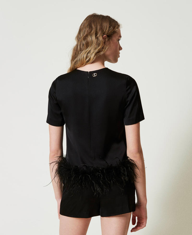 Satin blouse with feathers Black Woman 242TP2341_00006_03