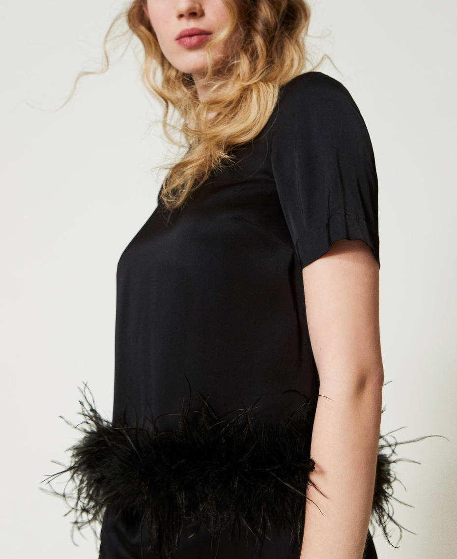 Satin blouse with feathers Black Woman 242TP2341_00006_04