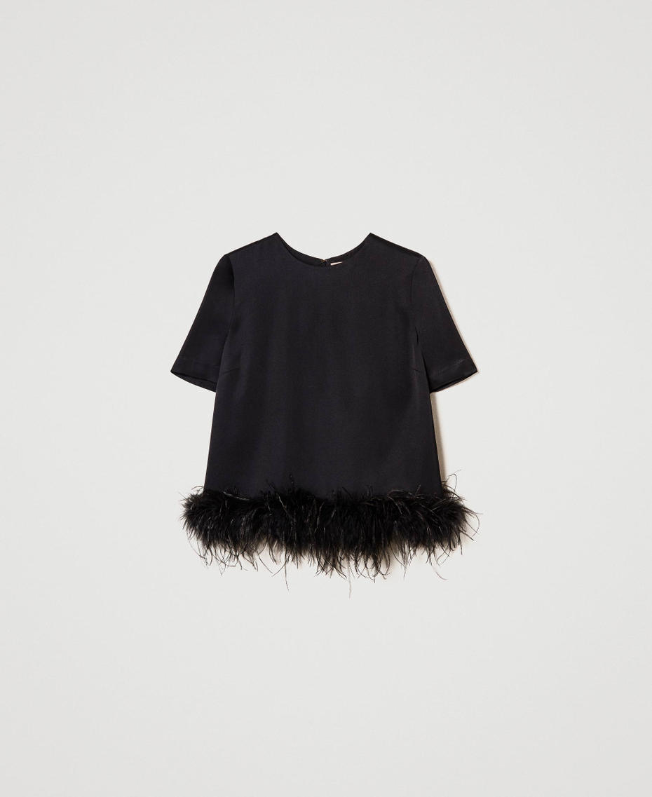 Satin blouse with feathers Black Woman 242TP2341-0S