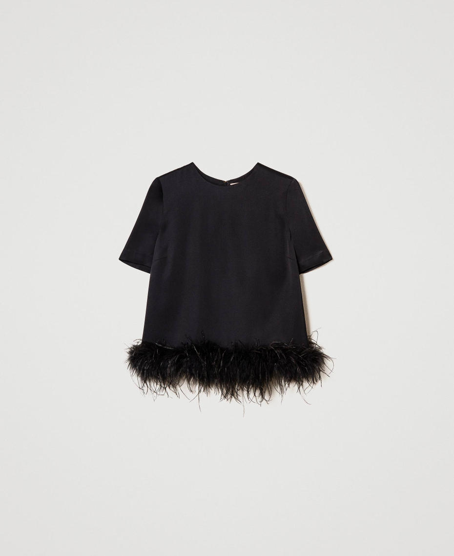 Satin blouse with feathers Black Woman 242TP2341_00006_S0