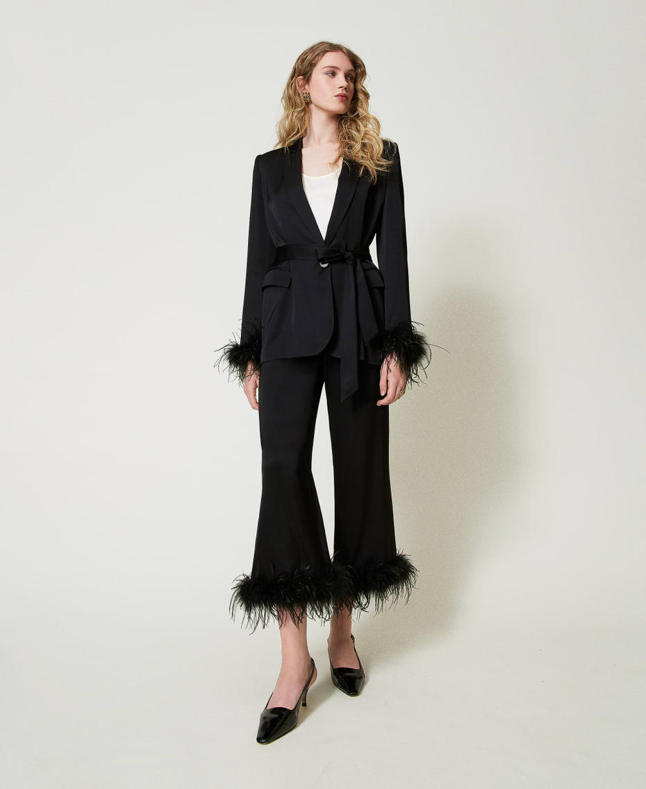 Satin trousers with feathers Black Woman 242TP2343_00006_01
