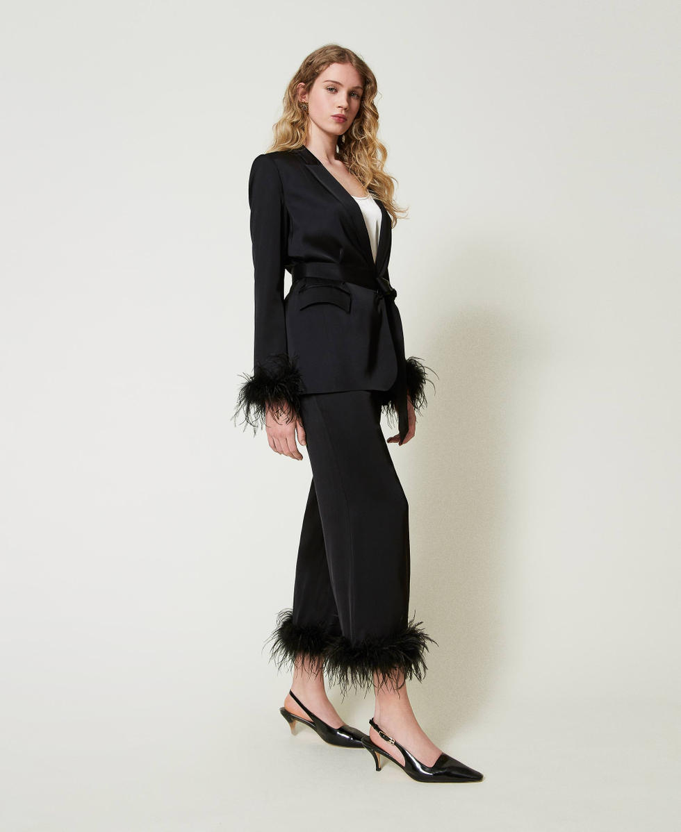 Satin trousers with feathers