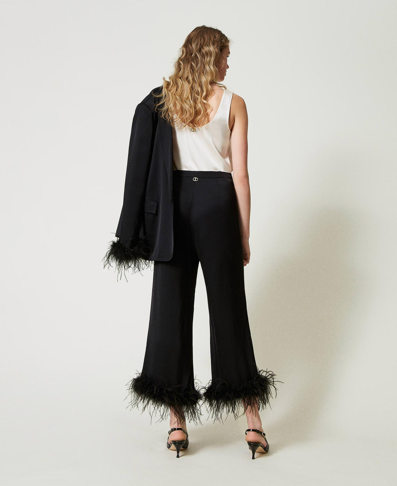 Satin trousers with feathers Black Woman 242TP2343_00006_03