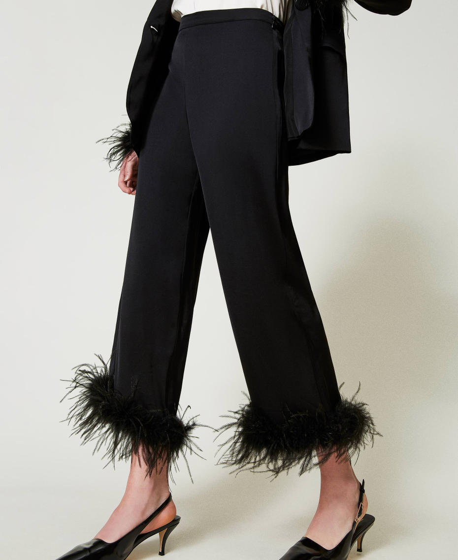 Satin trousers with feathers Black Woman 242TP2343_00006_04