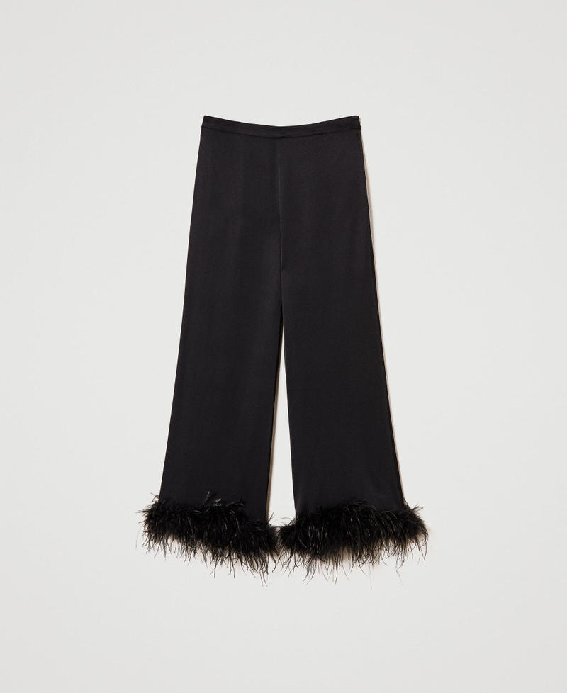Satin trousers with feathers Black Woman 242TP2343-0S