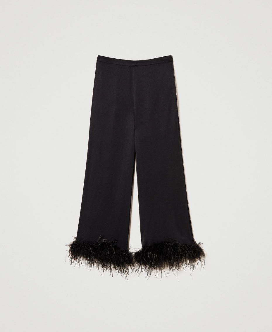 Satin trousers with feathers Black Woman 242TP2343_00006_S0