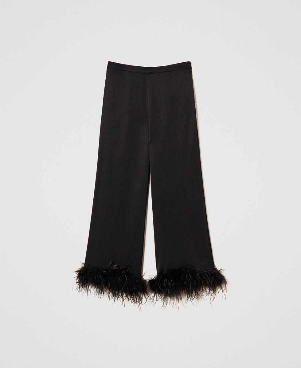Satin trousers with feathers
