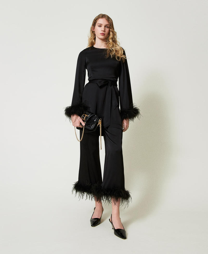 Satin trousers with feathers Black Woman 242TP2343-0T