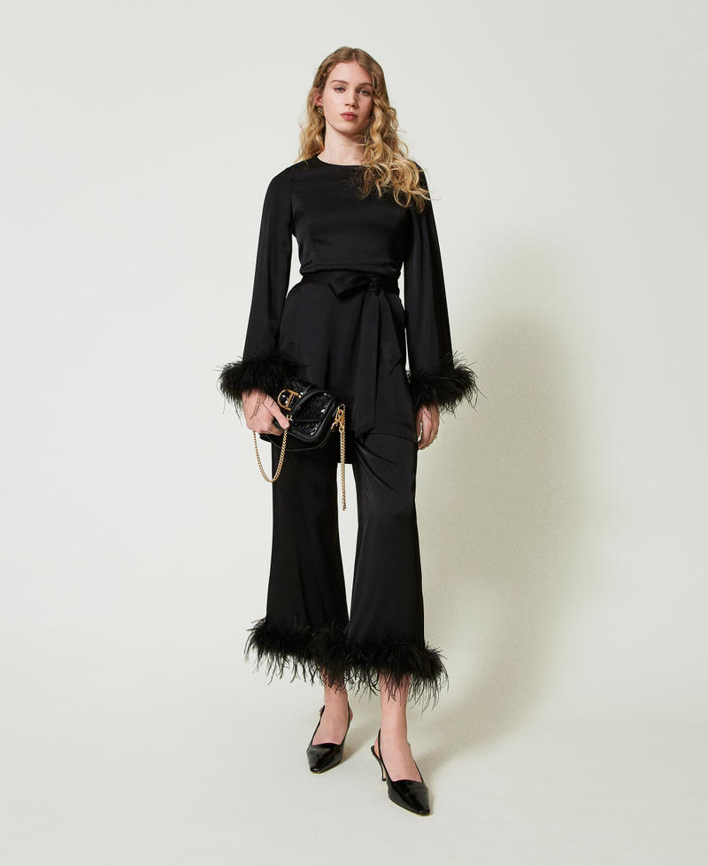 Satin trousers with feathers