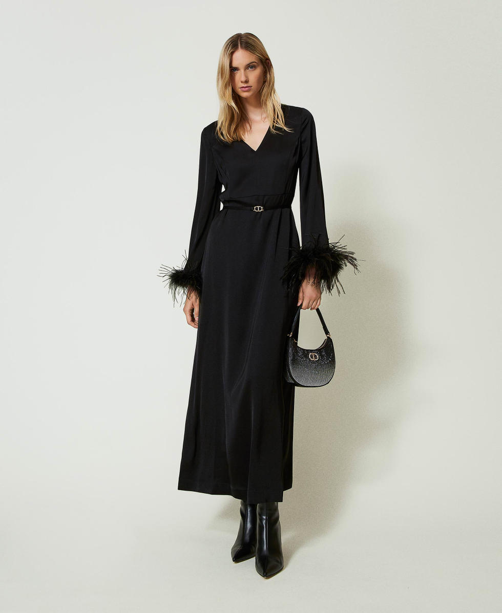 Robe longue en satin avec plumes Femme Noir TWINSET Milano