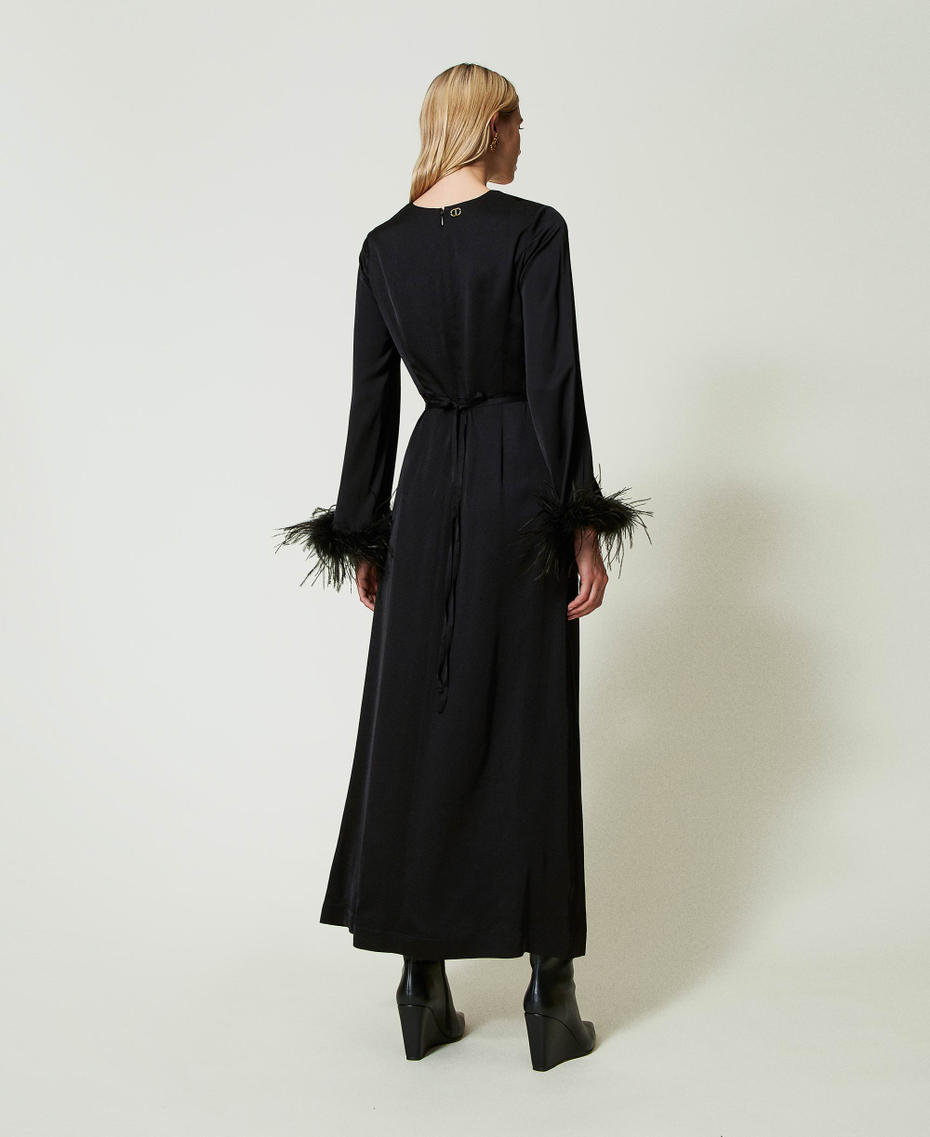 Long satin dress with feathers Black Woman 242TP2344_00006_03