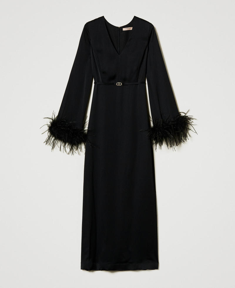 Long satin dress with feathers Black Woman 242TP2344_00006_S0