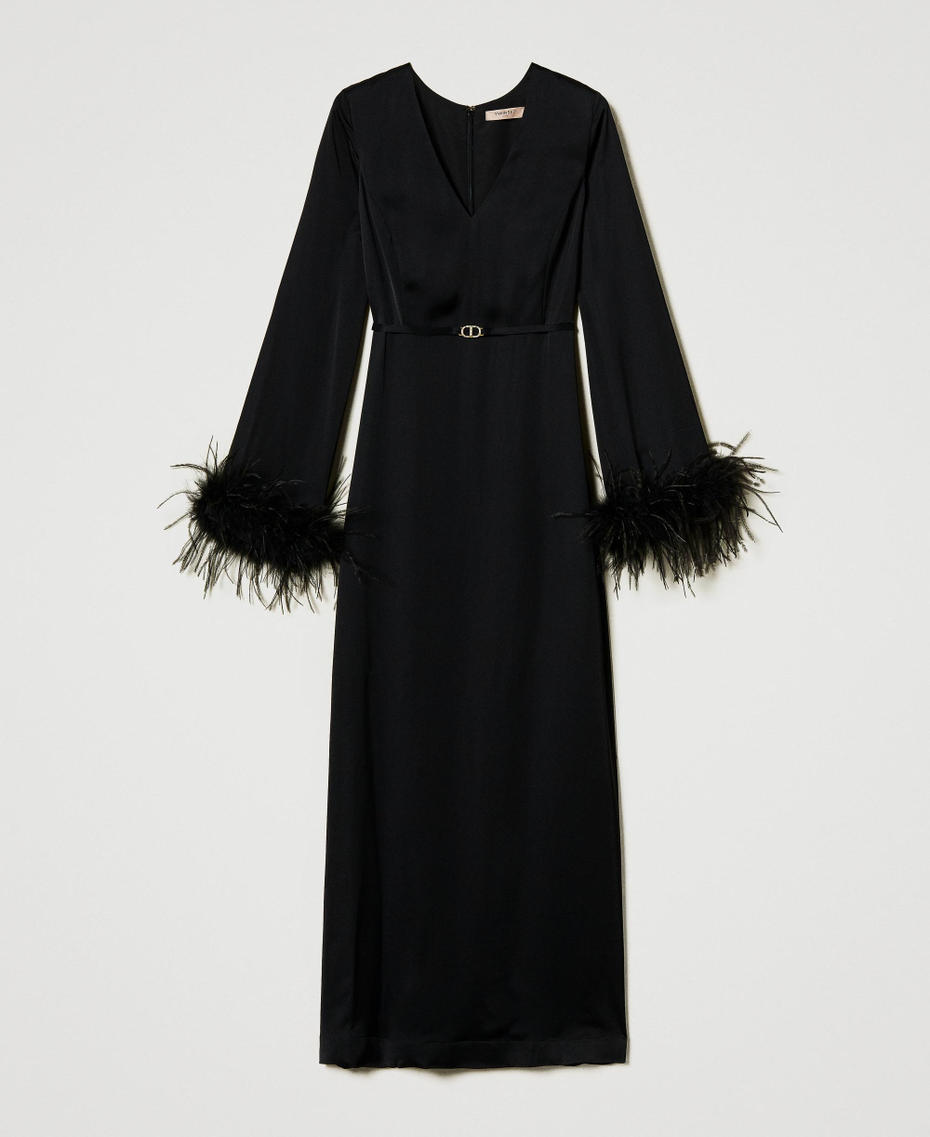 Long satin dress with feathers Black Woman 242TP2344_00006_S0